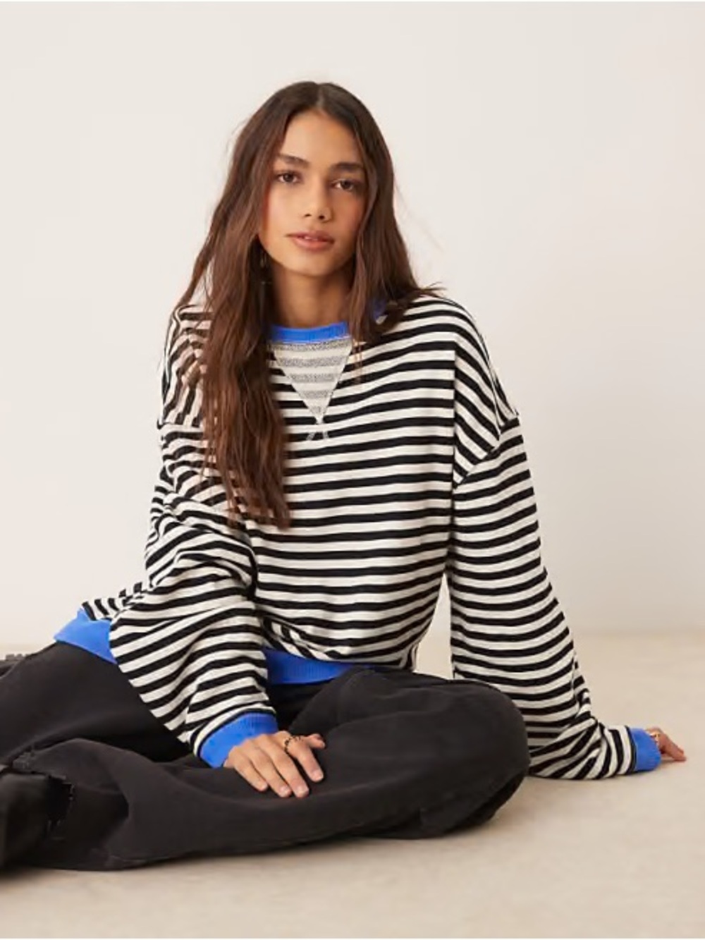 Free People Black and White Striped Crewneck Sweater with Blue Trim - Picture 2 of 7